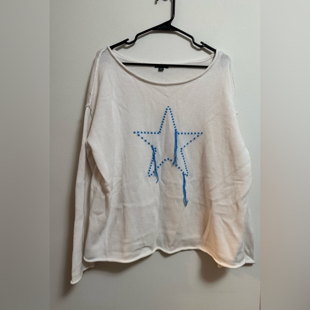 Wild Fable White Blue Star‎ Fringe Knit Pullover Sweater XXL Oversized Boat Neck